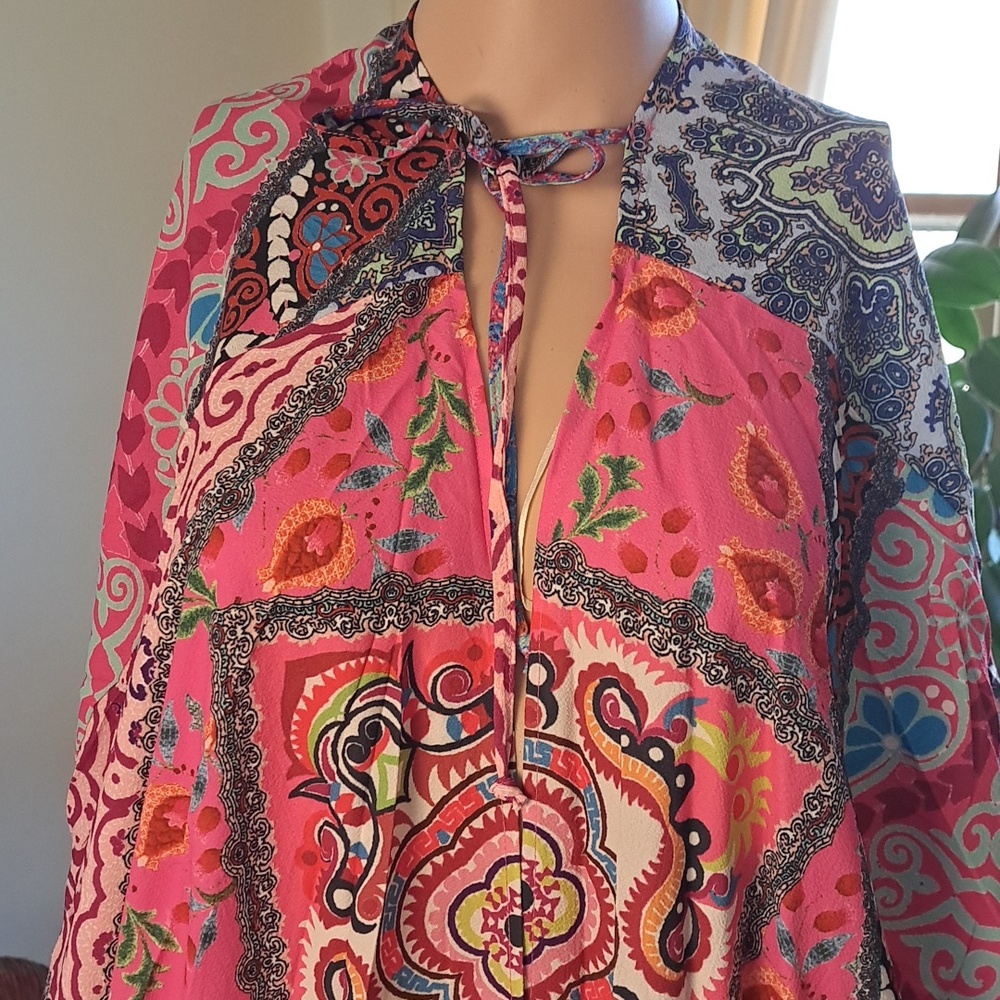 Umgee Vibrant Pink Paisley Patchwork Tie-Neck Coverup - Picture 2 of 7